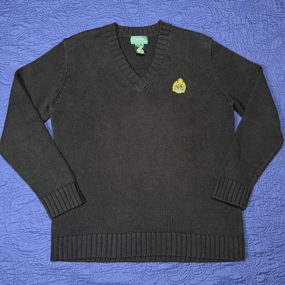 Lauren Ralph Lauren Black Cotton VNeck Heavy Fisherman Knit Sweater Crest Logo M